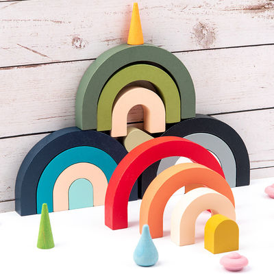 Brązowe 2 cm INS Nordic Drewniane Puzzle z Tęczowymi Blokami dla Maluchów