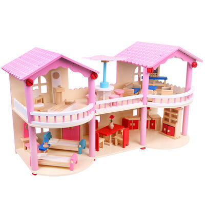 24cm różowy mini drewniany domek dla lalek zabawki tradycyjne kolorowe