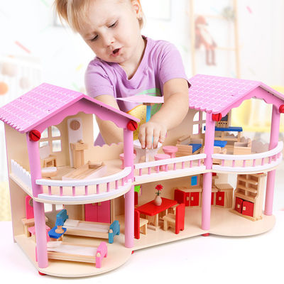 24cm różowy mini drewniany domek dla lalek zabawki tradycyjne kolorowe