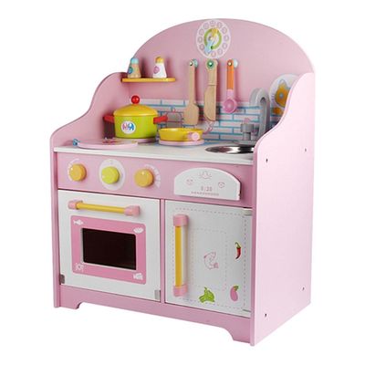 Naczynia 30cm Różowy drewniany domek do zabawy z blatem kuchennym