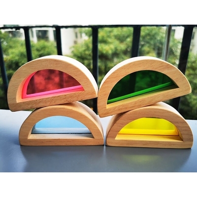 Dzieci Montessori drewniana zabawka sensoryczna tęczowe lustro bloki solidna guma układanie drewna akrylowe buliding Stacker edukacyjne
