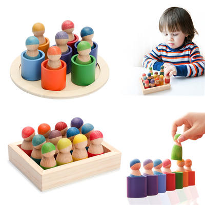 Montessori Edukacyjna drewniana gra logiczna z tęczowymi blokami dla dzieci