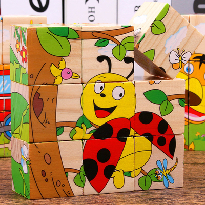 Drewniane zabawki z klocków dla niemowląt Owoce zwierząt Wczesna nauka Sześciostronna kostka 3D Jigsaw