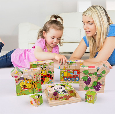 Drewniane zabawki z klocków dla niemowląt Owoce zwierząt Wczesna nauka Sześciostronna kostka 3D Jigsaw