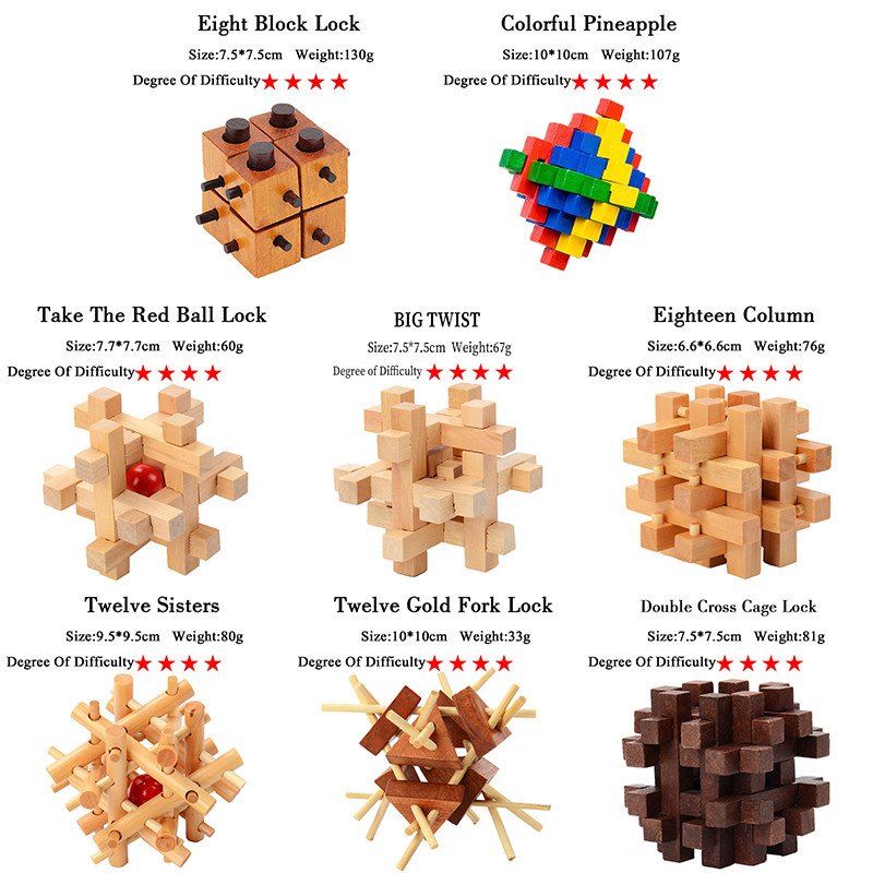 Drewniany zestaw puzzli Kong Ming Luban Lock IQ gra logiczna dla dorosłych dzieci zabójca czasu łamigłówka 3 poziomy stopni gra zabawka